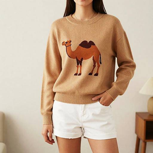 Woman in Camel Sweater and Shorts