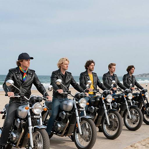 Seven Men on Motorcycles by the Beach
