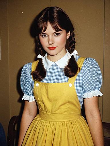 Photograph of a young woman with fair skin, brown hair in braids, wearing a yellow pinafore dress over a blue checkered shirt,
