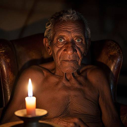 Photograph of an elderly, shirtless man with wrinkled skin, gray hair, and piercing eyes, sitting in a dark room, illuminated by a