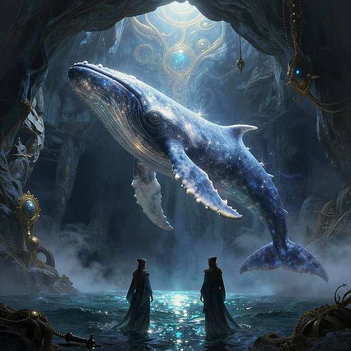 Digital fantasy artwork: Two cloaked figures stand in a mystical cave, gazing at a glowing, ethereal blue whale with intricate patterns, illuminated by