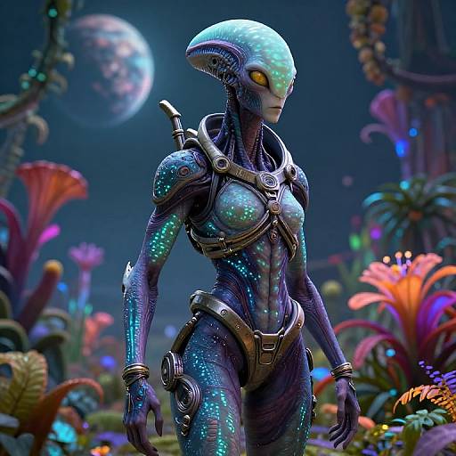Digital CGI of a sleek, blue, alien female with glowing yellow eyes and bioluminescent patterns, standing in a vibrant, alien forest with colorful