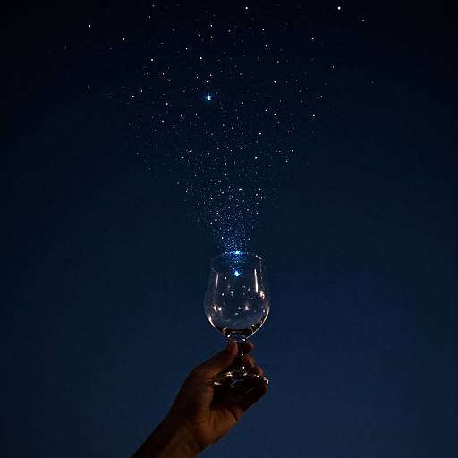 Photograph of a hand holding a sparkling wine glass against a dark blue background, with a trail of glowing blue stars flowing from the glass.