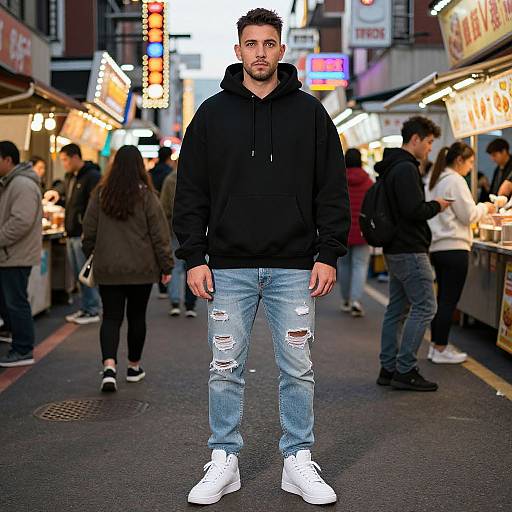 Photograph of a young man with short dark hair, wearing a black hoodie, ripped blue jeans, and white sneakers, standing in a bustling nighttime street