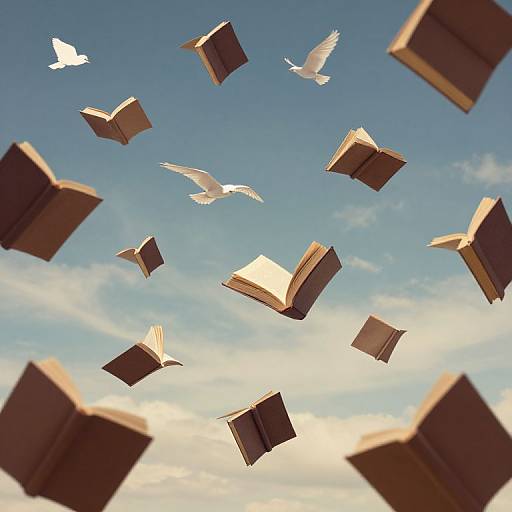 Photograph of open books and white doves flying against a clear blue sky with soft clouds, evoking a sense of freedom and knowledge.