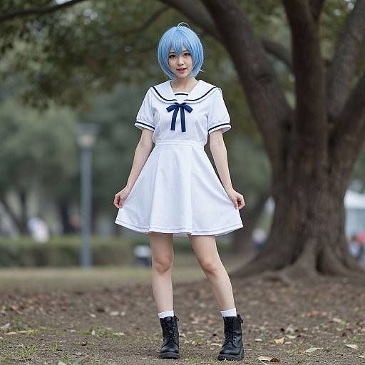 Photograph of a young woman with blue bob haircut, white sailor dress, black boots, standing in a park with trees.