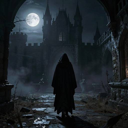 Mysterious Cloaked Traveler at Moonlit Castle