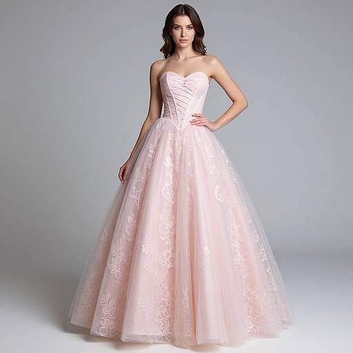 Photograph of a dark-haired woman in a strapless, white lace ball gown with a full skirt, standing against a plain gray background.
