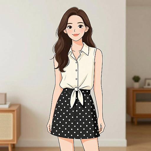 Digital illustration of a young woman with long brown hair, wearing a white sleeveless blouse tied at the waist, and a black polka dot skirt,