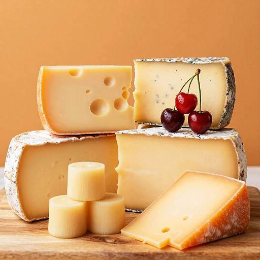 Variety of Cheeses with Cherries on Wooden Surface