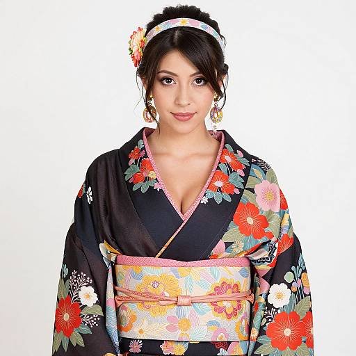 Photograph of an Asian woman with dark hair, wearing a black floral kimono, white headband, pink obi, and flower earrings, against