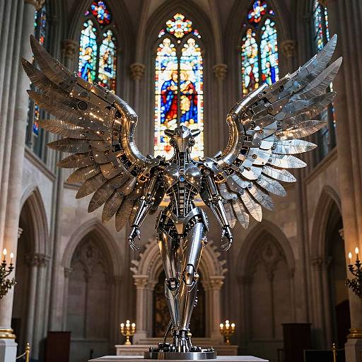 Photograph of a metallic angel statue with large silver wings in a Gothic-style cathedral, lit by colorful stained glass windows.