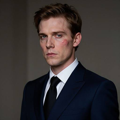 Photograph of a serious-looking young Caucasian man with short brown hair, wearing a black suit, white shirt, and black tie, against a dark gray