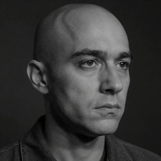 Black and White Portrait of Serious Bald Man