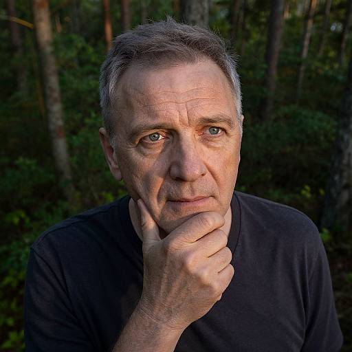 Photograph of a middle-aged man with short gray hair, blue eyes, and wrinkles, wearing a black shirt, resting his chin on his hand in
