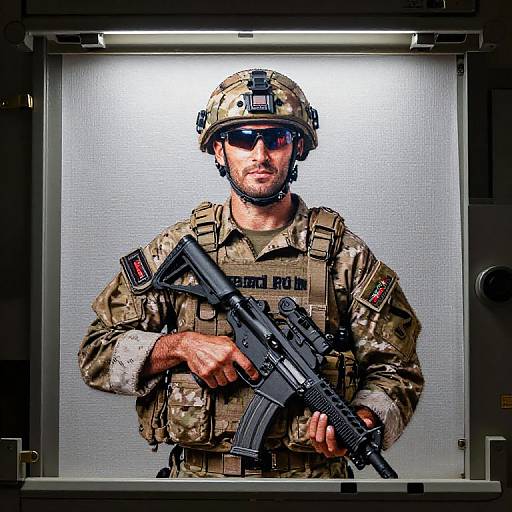 Photograph of a serious male soldier in camouflage uniform, helmet, and sunglasses, holding an assault rifle. Background is a metallic frame with a bright light