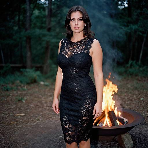 Photograph of a brunette woman with fair skin, wearing a black lace sleeveless dress, standing in a forest by a burning fire pit.