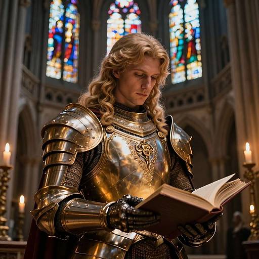 Photograph of a long-haired blonde knight in reflective gold armor reading a book in a dimly lit, Gothic-style cathedral with colorful stained glass windows in