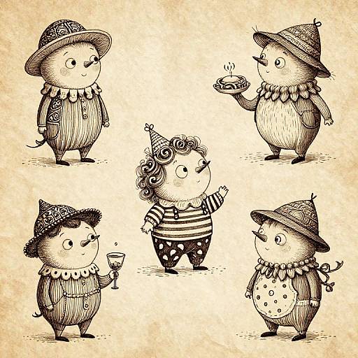 Ink drawing of five whimsical, chubby, fairy-like creatures in various outfits and hats, with detailed textures and a vintage beige background.