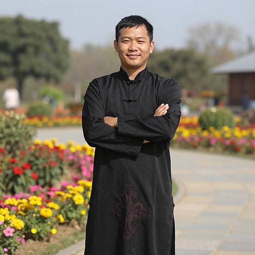 Asian Man in Black Traditional Dress Outdoors