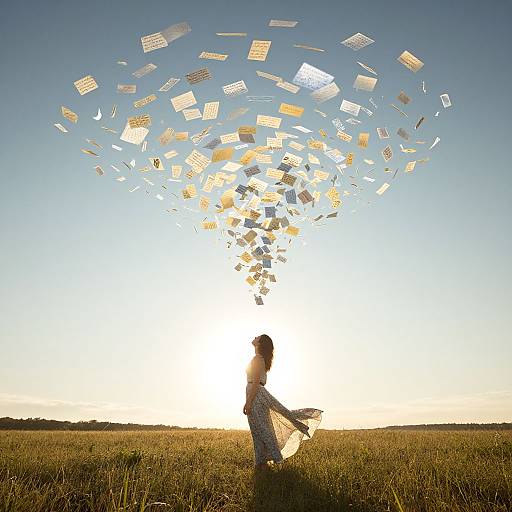 Photograph of a silhouette woman in a flowing dress standing in a grassy field at sunset, with floating books forming a cloud above her head against a
