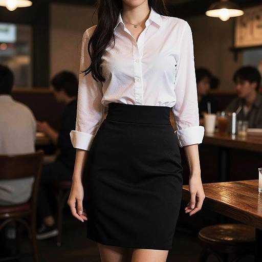 Photograph of a woman in a white button-up shirt and black pencil skirt, standing in a dimly lit café, with blurred background and warm lighting