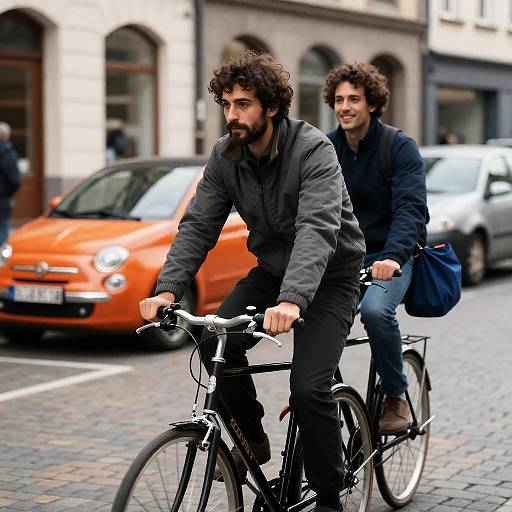 Joyful Ride: Men on Bicycle in City