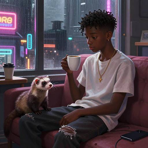 Cyberpunk Teen with Ferret and Coffee