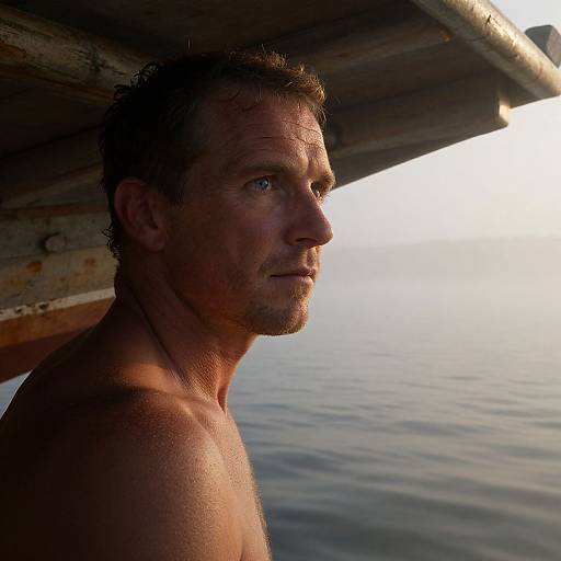 Photograph of a shirtless, middle-aged man with wet skin, short brown hair, and blue eyes, standing under a wooden structure by calm water