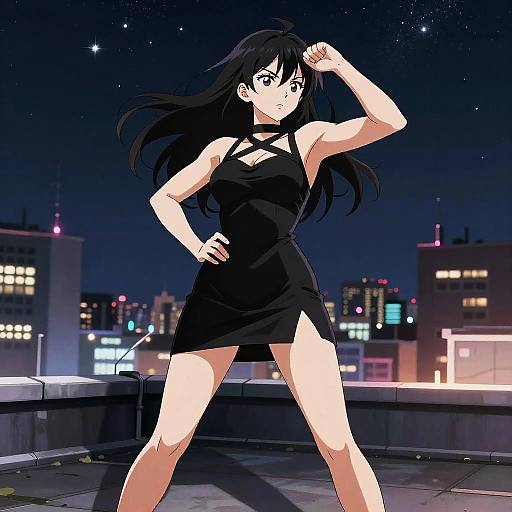 Anime-style digital drawing of a confident, black-haired woman in a short, sleeveless black dress, standing on a rooftop at night, city lights in