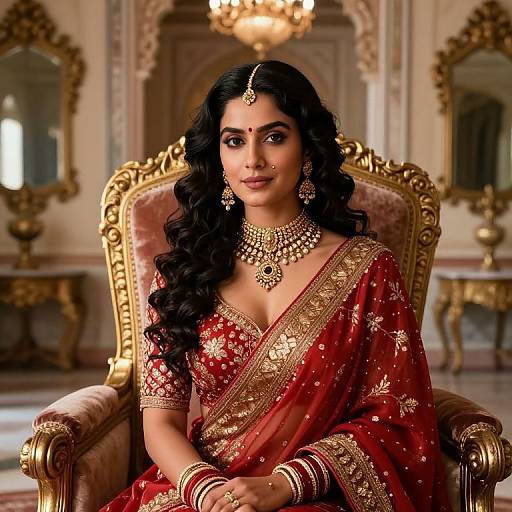 Photograph of a beautiful Indian woman with long black hair, wearing a red and gold embroidered saree, sitting on an ornate golden chair in a