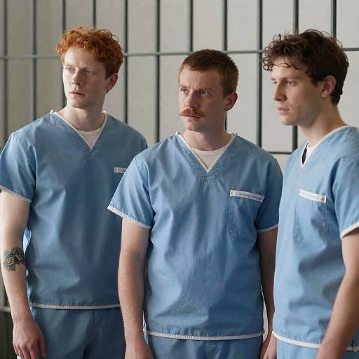 Three Men in Light Blue Prison Uniforms
