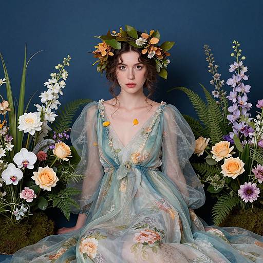Photograph of a fair-skinned woman with curly brown hair, wearing a translucent blue floral dress, and a flower crown, surrounded by colorful flowers and