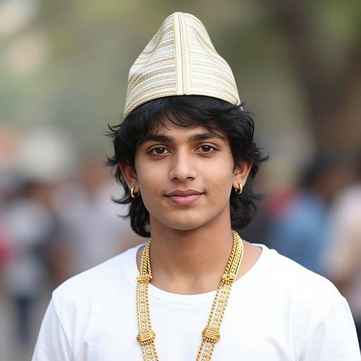 Photograph of a young South Asian man with medium brown skin, black wavy hair, wearing a white traditional cap, white shirt, gold necklace,