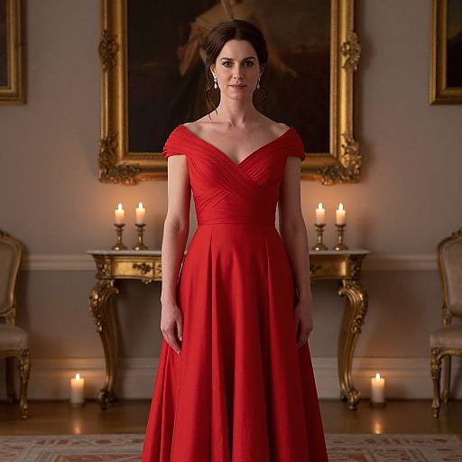 Photograph of a woman in an elegant, off-shoulder red gown standing in an ornate room with lit candles, gold frames, and classic