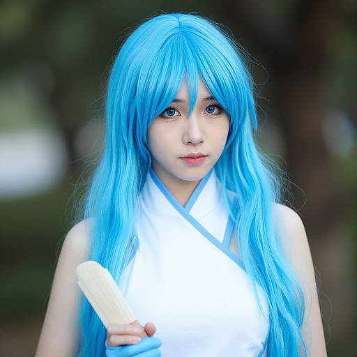 Photograph of an Asian woman with long, vibrant blue hair, wearing a white cosplay outfit, holding a stick, with a blurred forest background.