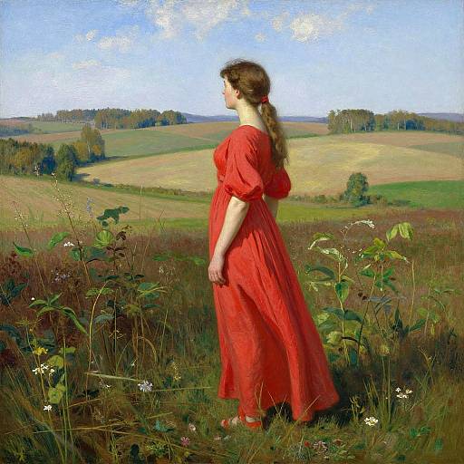 A painting of a fair-skinned woman with brown hair in a red dress, standing in a grassy meadow, gazing at rolling hills under