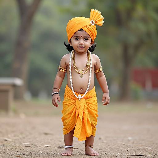 Photograph of a young Indian boy standing on a dirt path, wearing an orange turban, gold jewelry, and a matching orange dhoti,