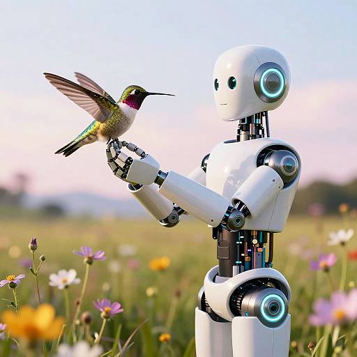 Humming Robot with Hummingbird in Meadow