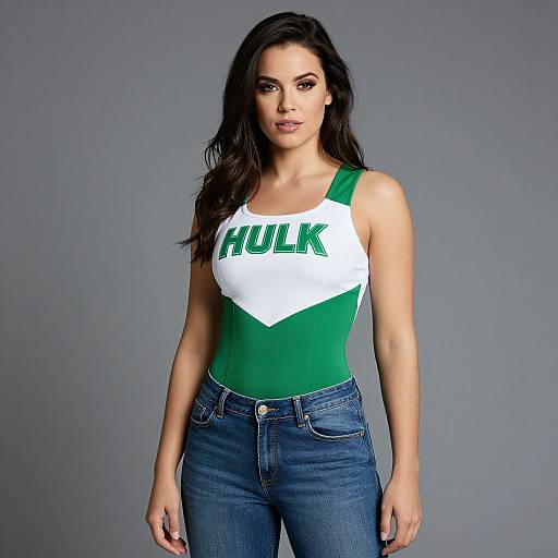 Photograph of a brunette woman with long hair, wearing a white and green Hulk tank top, and blue jeans, standing against a gray background.