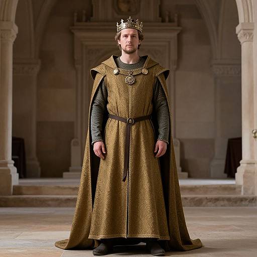 Photograph of a bearded man in a golden medieval king's robe and crown, standing in a stone-columned, archway cathedral.