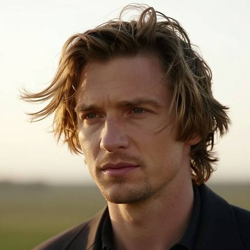 Photograph of a serious, handsome man with tousled brown hair, blue eyes, and light stubble, wearing a dark shirt, against a blurred