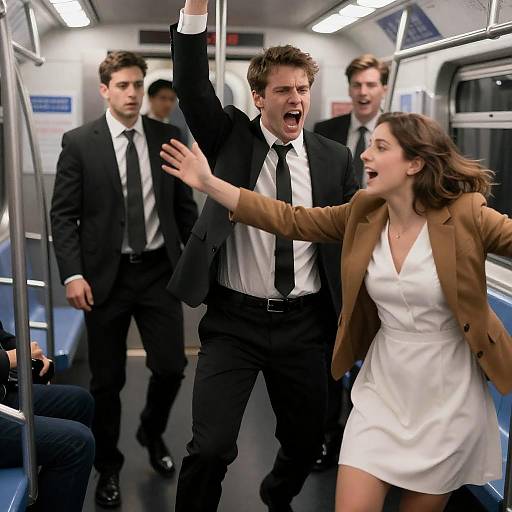 Chaotic Scene in Subway with Shouting Man and Moving Woman