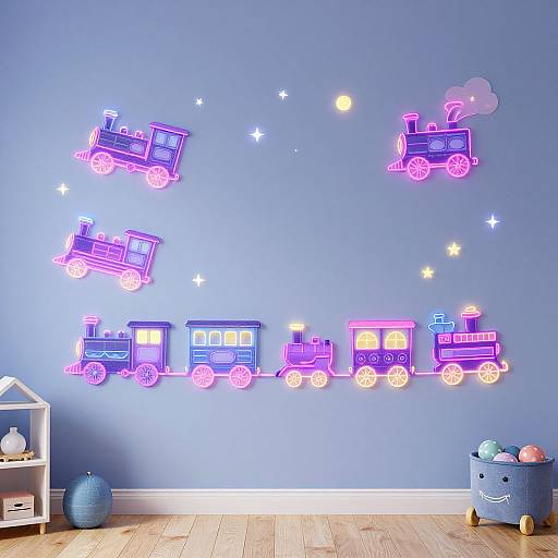 Neon pink and blue train decals on a blue wall, with star accents, wooden floor, white shelf, and toy basket.