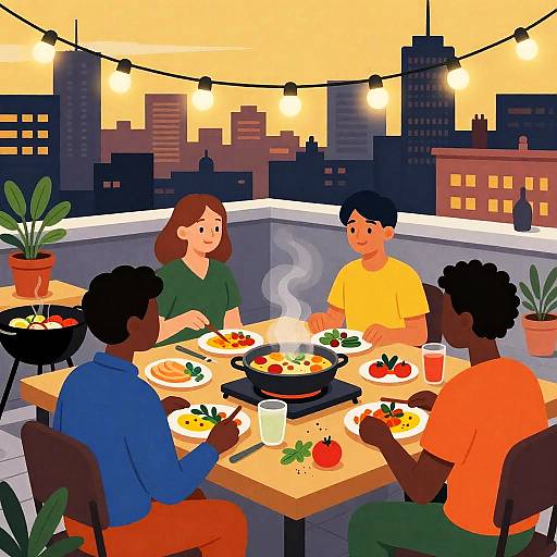 Urban Rooftop Feast Under String Lights