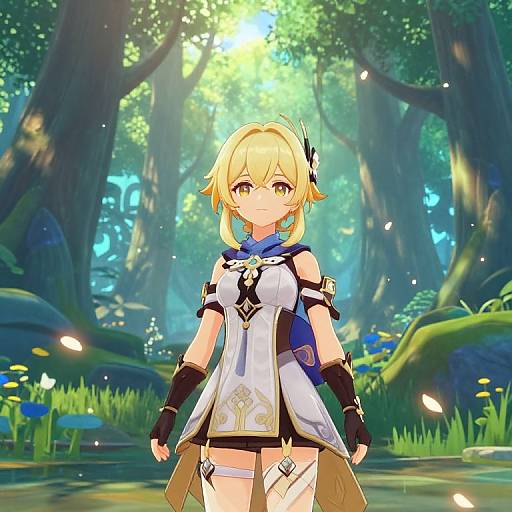 Digital anime-style drawing of a blonde, blue-eyed girl with white and black attire, standing in a sunlit, magical forest.