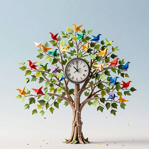 Digital illustration of a clock tree with colorful birds among green leaves, set against a light blue gradient background.