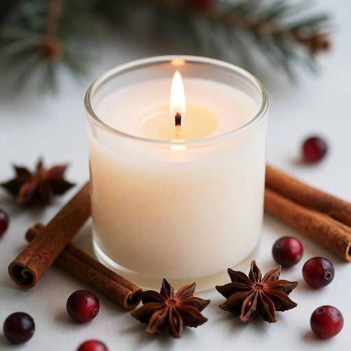 Lit Candle with Cinnamon, Star Anise and Cranberries