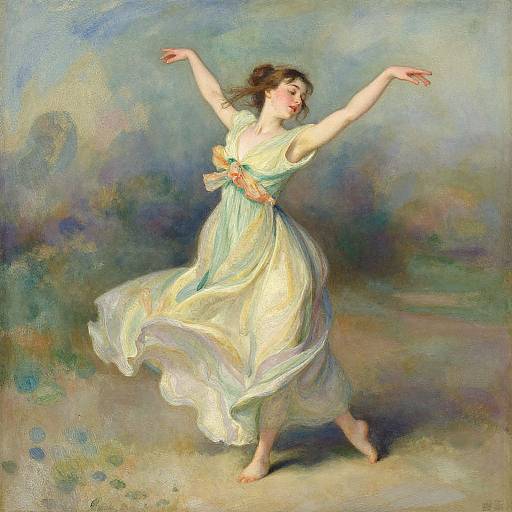 Impressionist painting of a graceful woman in a flowing, pale yellow dress, arms raised, dancing against a blurred, colorful background.