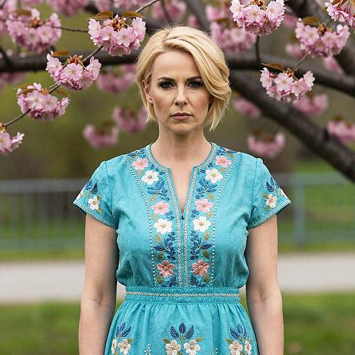Blonde Woman in Turquoise Dress Among Blossoms